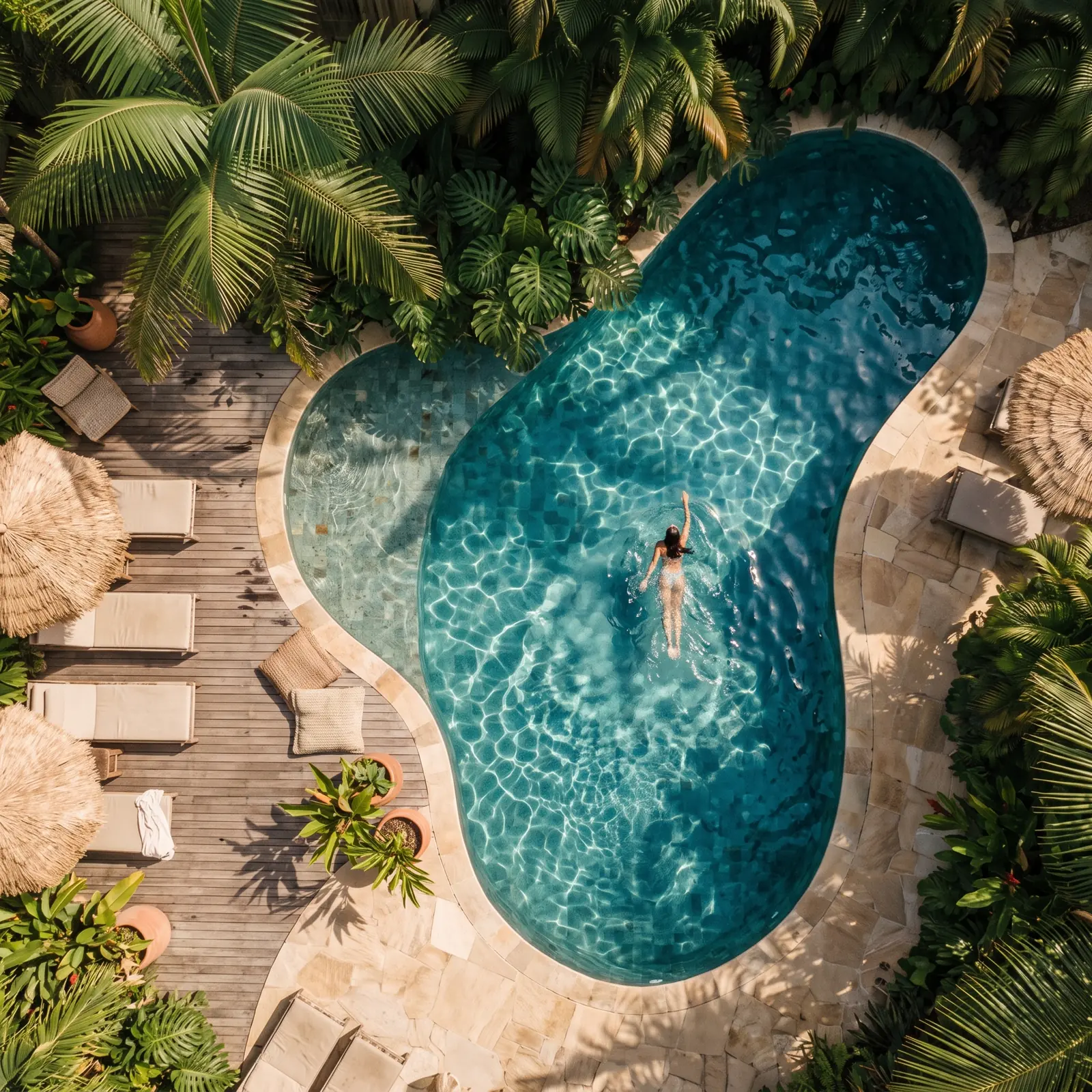 Piscina de formas orgânicas entre palmeiras, vista de cima